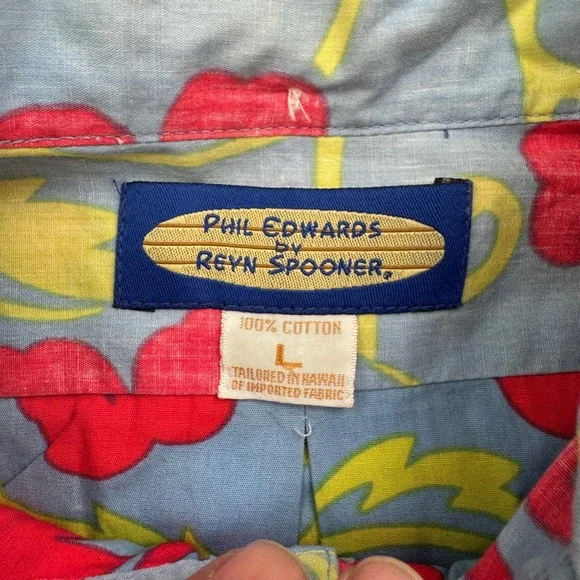 Reyn Spooner Phil Edwards Hawaiian Shirt Mens L Blue Plumeria Floral Popover - Picture 6 of 8